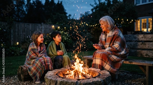 Cozy family campfire in backyard, grandmother telling stories to grandchildren by fire pit, warm evening bonding