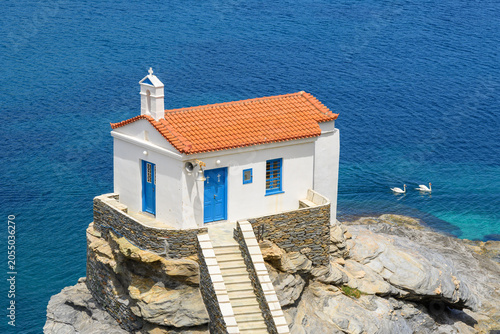 Panagia Thalassini of Andros, a picturesque chapel built on a rock in the sea. Cyclades, Greece