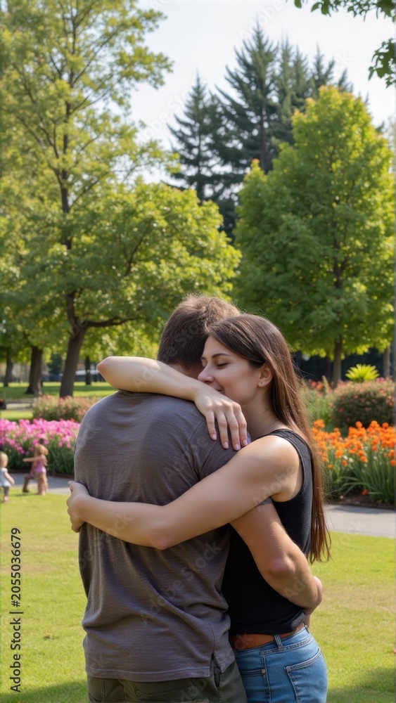 Fototapeta premium A man and woman share a warm embrace in the park.