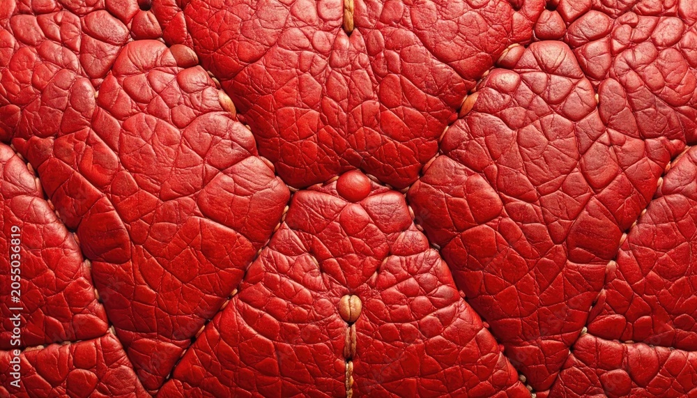 Obraz premium Close up of red leather with diamond shapes and seams. Textured surface with soft lighting