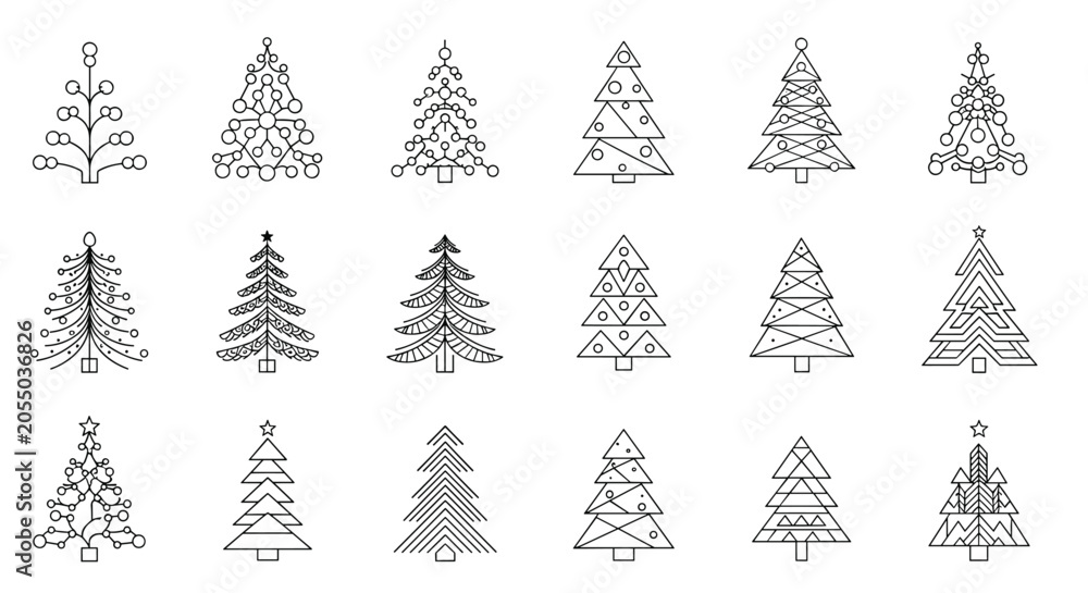 Obraz premium Set of eighteen minimalist geometric Christmas tree icons in black line art style, perfect for winter holiday decorations.