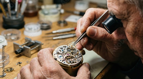Professional watchmaker repairing mechanical movement with tweezers, master horologist at workbench, vintage watch restoration and maintenance