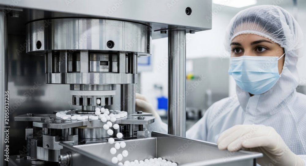 Naklejka premium Pharma manufacturing technician monitoring tablet press in cleanroom shows solid dose production, precision compression, GMP workflow and modern pharmaceutical processing.