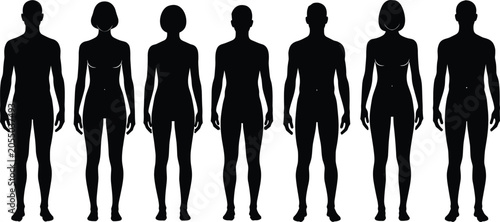 Vector illustration set of seven human body silhouettes in simplified gender‑neutral outlines for anatomy, design, comparison, and educational projects