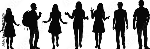 Cuadro en lienzo Vector illustration set of seven human silhouettes in standing, walking, and ges