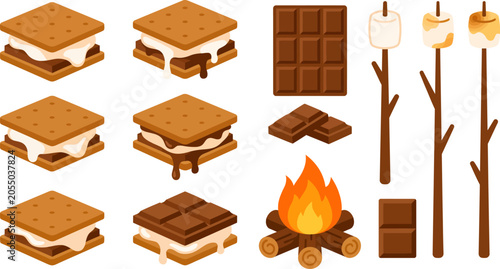 Isolated Flat Vector S'mores and Marshmallow Clipart Collection