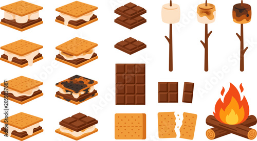 Flat Vector Clipart Set of Campfire Treats and S'mores