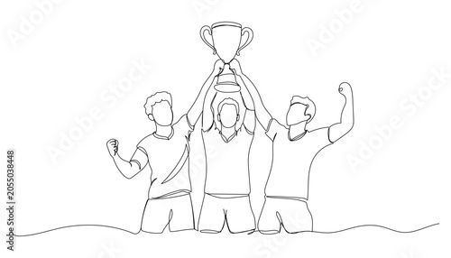 Continuous one line drawing of soccer players holding a trophy, celebrating victory. Symbol of victory, achievement and success. Minimalist vector illustration.