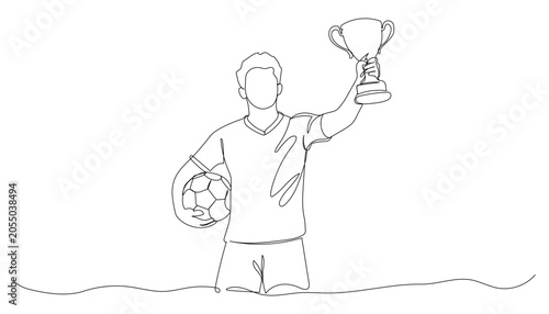 Continuous one line drawing of a soccer player holding a trophy with a football at his feet. Symbol of victory, achievement and success. Minimalist vector illustration.