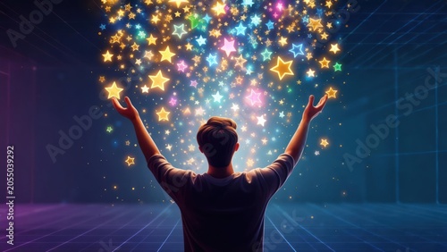 Silhouetted person with arms raised, colorful stars falling