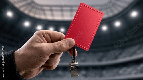 Referee Holding Red Card in Stadium.