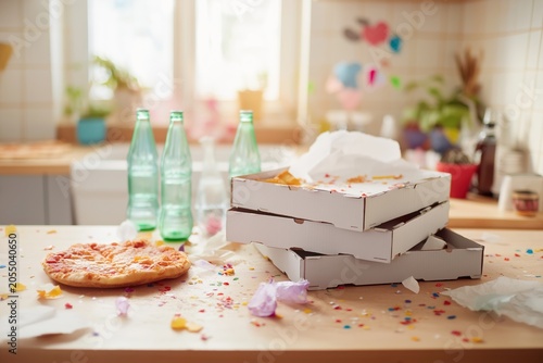 Messy kitchen table with empty pizza boxes, uneaten pizza, and confetti after party