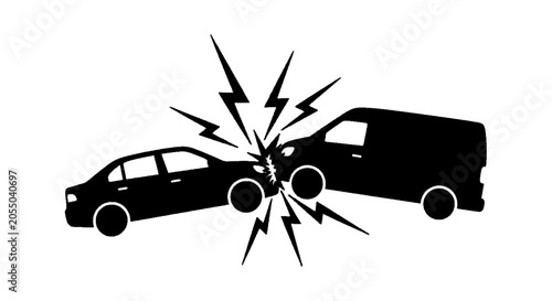 Minimal black silhouette icon, simple flat vector, bold black shape, no, no shading car accident icon, collision between a sedan and a van on a, flat icon style