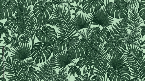 Tropical Jungle Leaves Seamless Pattern, Exotic Botanical Wallpaper, Greenery Nature Background