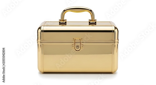 Shiny rose gold metal makeup vanity case with a sturdy handle for beauty products and travel storage. gold makeup case