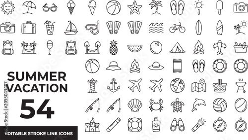 Set of 54 summer vacation line icons