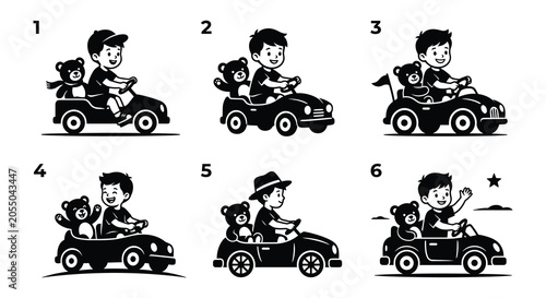 Boy Driving Toy Car With Teddy Bear Black Vector Illustration