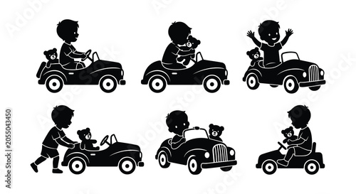 Fotografie Boy Driving Toy Car With Teddy Bear Black Vector Illustration