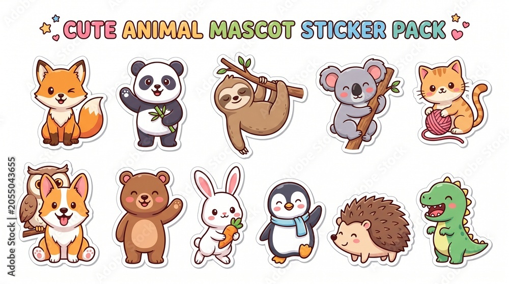 Fototapeta premium A collection of adorable cartoon animal mascot stickers featuring various species in playful poses.