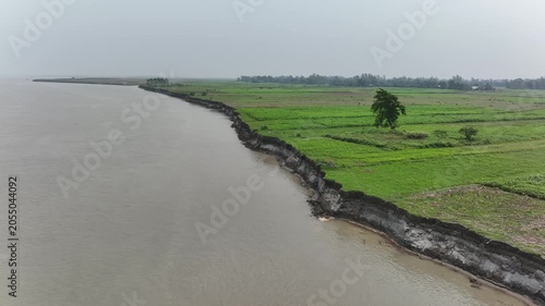 Aerial view of river bank erosion and agricultural land