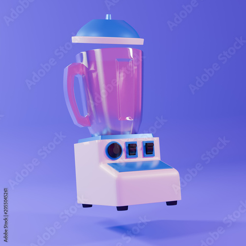 A minimalist 3D rendering of a modern kitchen blender in pastel blue and white, set against a vibrant blue studio background.