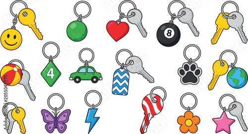Keychain and key ring vector collection featuring various keychains with smiley face heart car 8-ball paw print butterfly and star charms isolated on white background