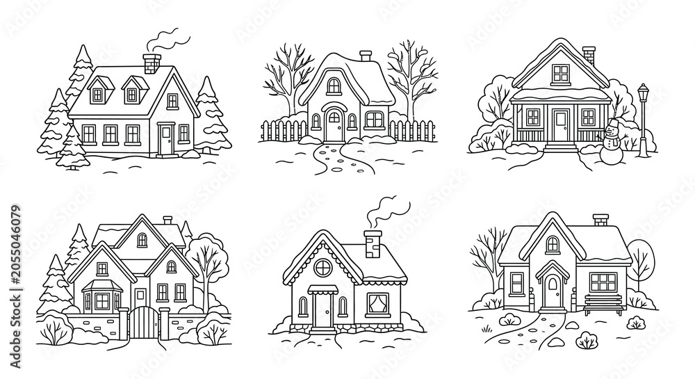 Fototapeta premium Line art houses and trees vector illustration winter scenery collection