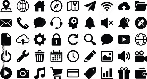 Foto Web and mobile user interface solid black icon mega set containing navigation co