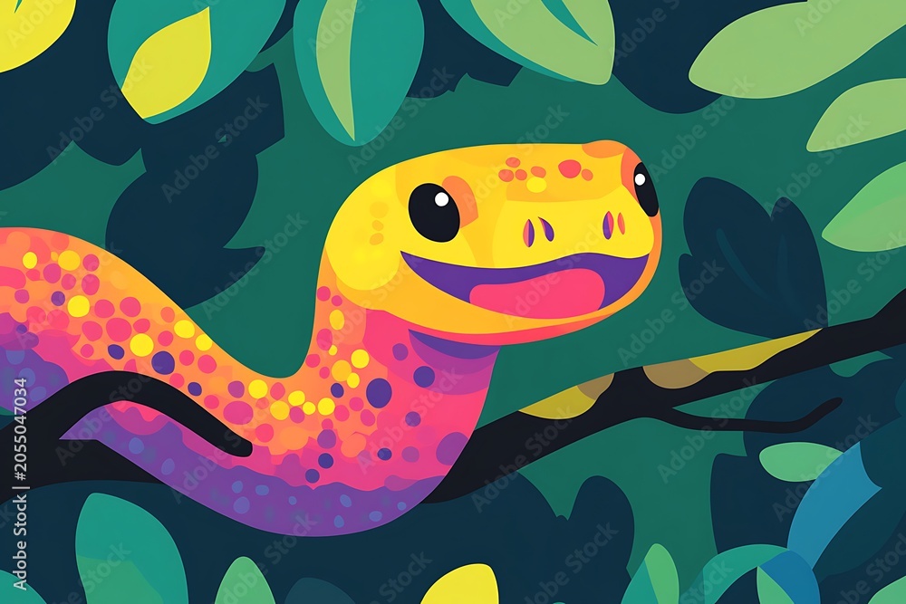 Fototapeta premium Vibrant chameleon resting amidst lush green foliage in a tropical setting.