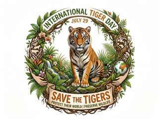 A symbolic ecological composition with a tiger and elements of nature protection for International Tiger Day, a high-quality, clear, and detailed photo, isolated background
