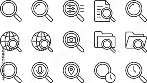 Collection of magnifying glass icons for search and investigation purposes