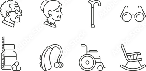 Black and white line icons of elderly care and health