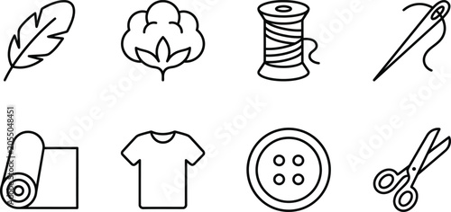Black line icons of sewing and fashion related objects
