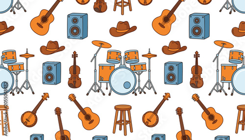 Fotografie Country music seamless pattern featuring acoustic guitar drum kit banjo violin a