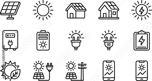 Collection of solar energy and renewable power icons in line style