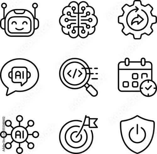 Black line icons of ai, coding, and business concepts