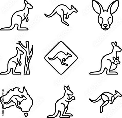 Black line art illustrations of kangaroo icons and symbols