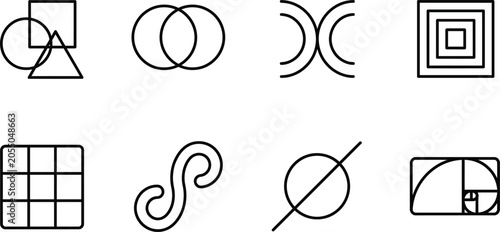 Geometric shapes and symbols in black lines