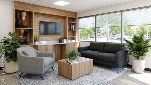 The interior of a rehab center shows prosthetic legs on shelves with a clean layout and clinical design