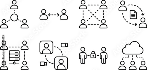 Black line icons depicting various people communication and connection concepts