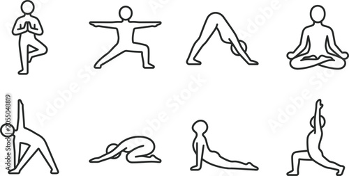 Collection of various yoga poses in simple line art style