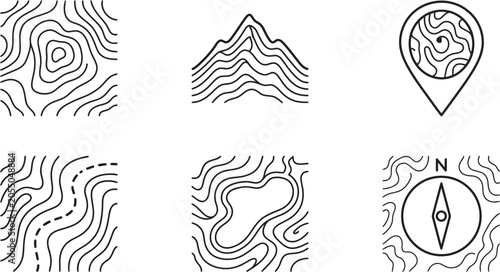 Set of topographic map icons with contour lines and navigation symbols