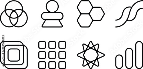 Black line icons of various geometric shapes and symbols