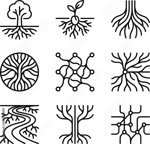 Black line art illustrations of various tree roots and networks