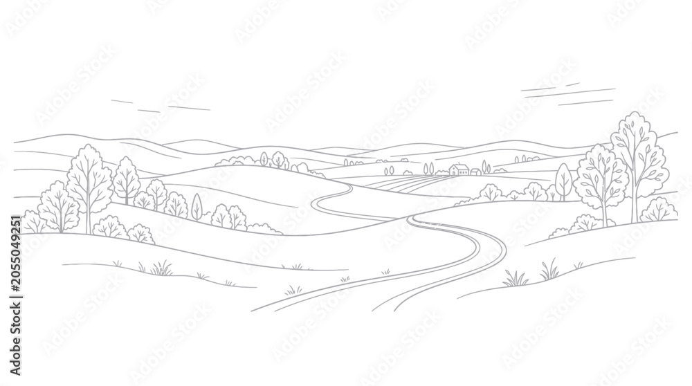 Obraz premium Rural landscape with winding road through rolling hills and trees