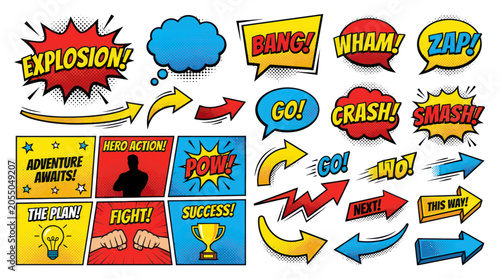 Pop art comic book design elements with sound effects and arrows