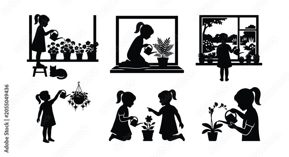 Obraz premium Gardening silhouettes with potted plants and window scenes vector illustration