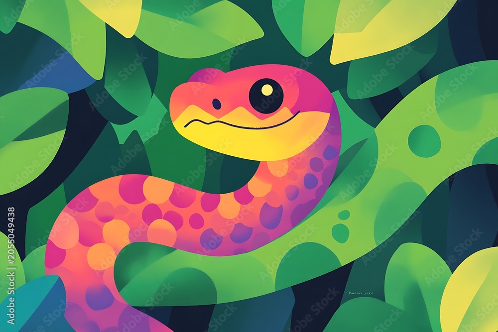 Fototapeta premium A vibrant cartoon snake playfully winding through lush green foliage.