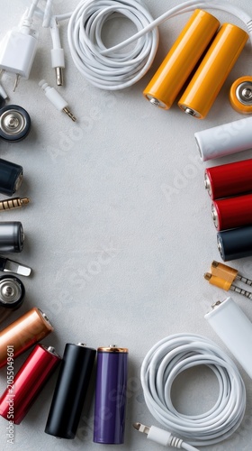 Objects like batteries and cables are spread on a neutral background, showcasing a mix of small electronics and creating a busy look