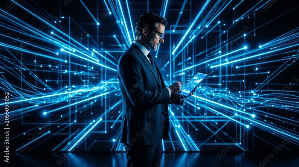 Fototapeta premium Enhancing AI neural network, tablet and programmer using deep learning algorithms, Optimizing artificial intelligence, data processing and software developer looking at generative model, camera B